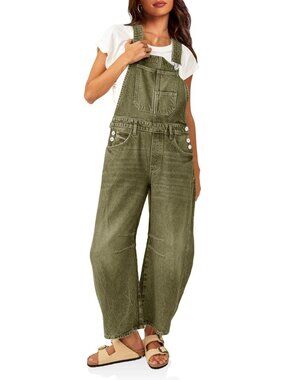 Women's Army Green Denim Bib Overalls Barrel Leg Adjustable Strap Jean Jumpsuits